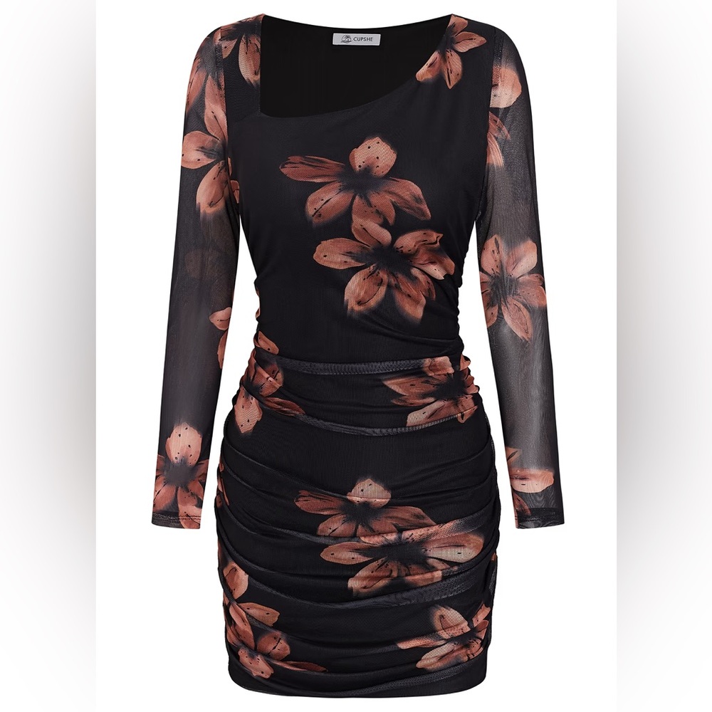 Elegant Black Mesh Floral Dress